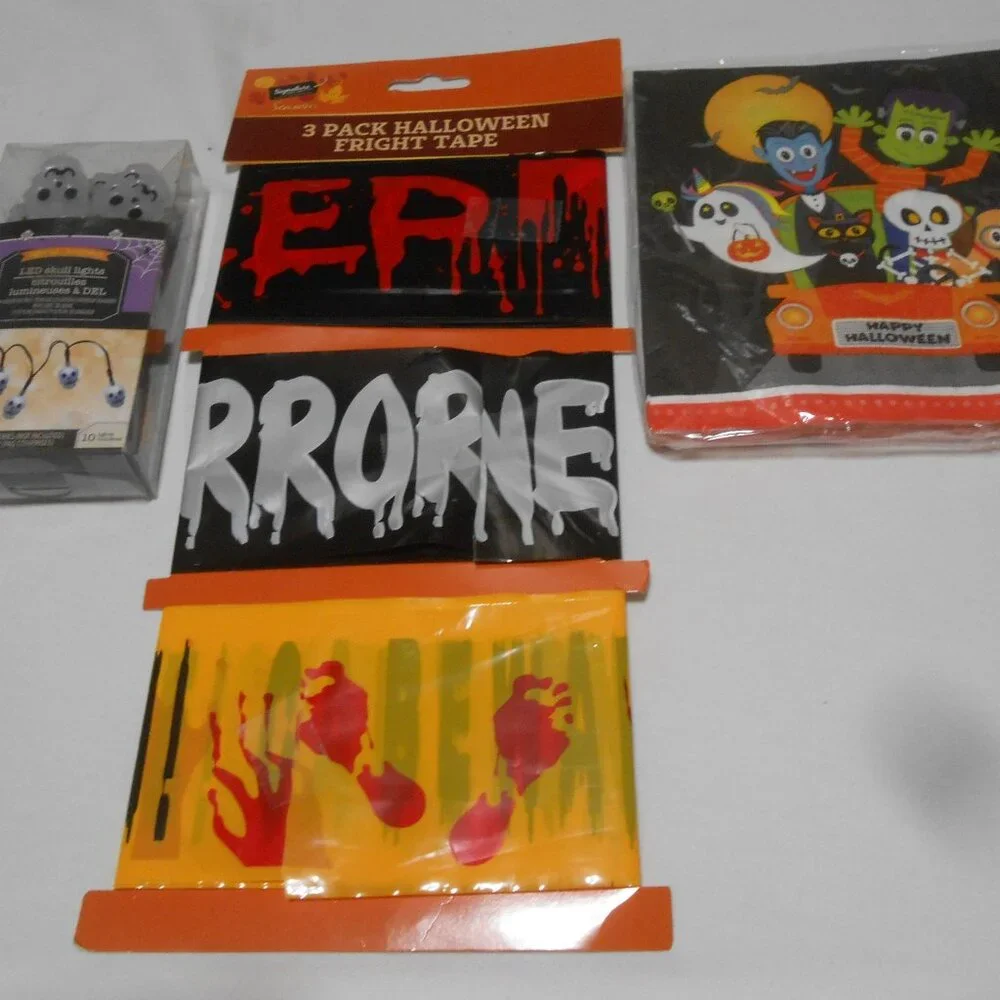 NEW LOT HALLOWEEN LUNCH NAPKINS, LED STRING SKULL LIGHTS, & 3PK CAUTION TAPE 🎃